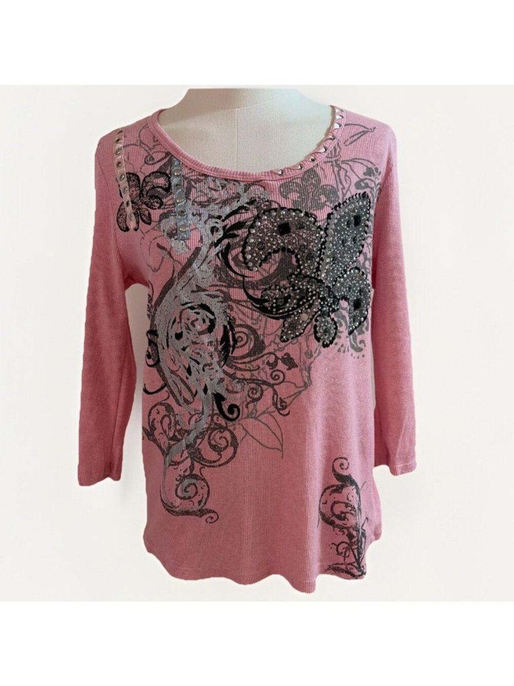 VTG Y2K Thermal Jeweled Top Women's Size M Pink Bling Cross Grunge Alternative
